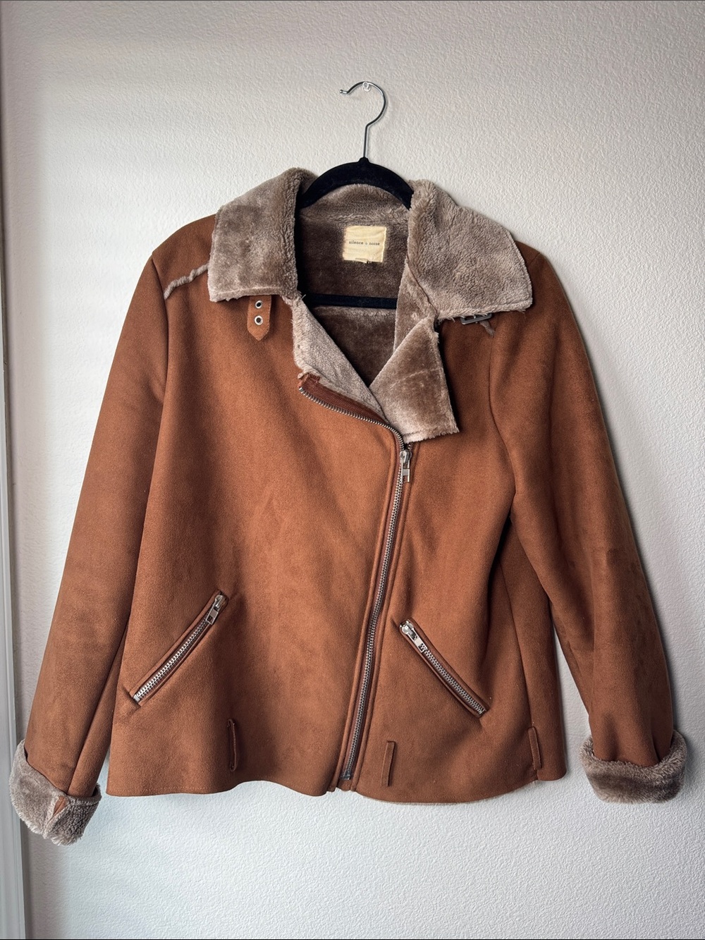silence + noise Tan Faux-Shearling Moto Jacket